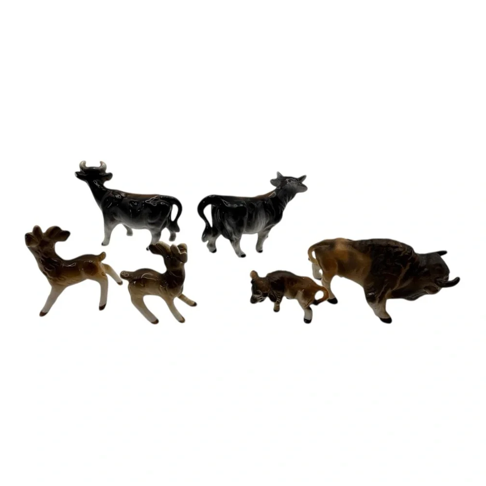 Vintage Bone China Animal Figurines Lot Japan Deer Cow Buffalo Miniatures Set 6 - Picture 2 of 8